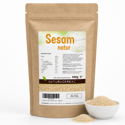 Sesam natur 500g Verpackung von Naturacereal – weißer Sesam naturbelassen
